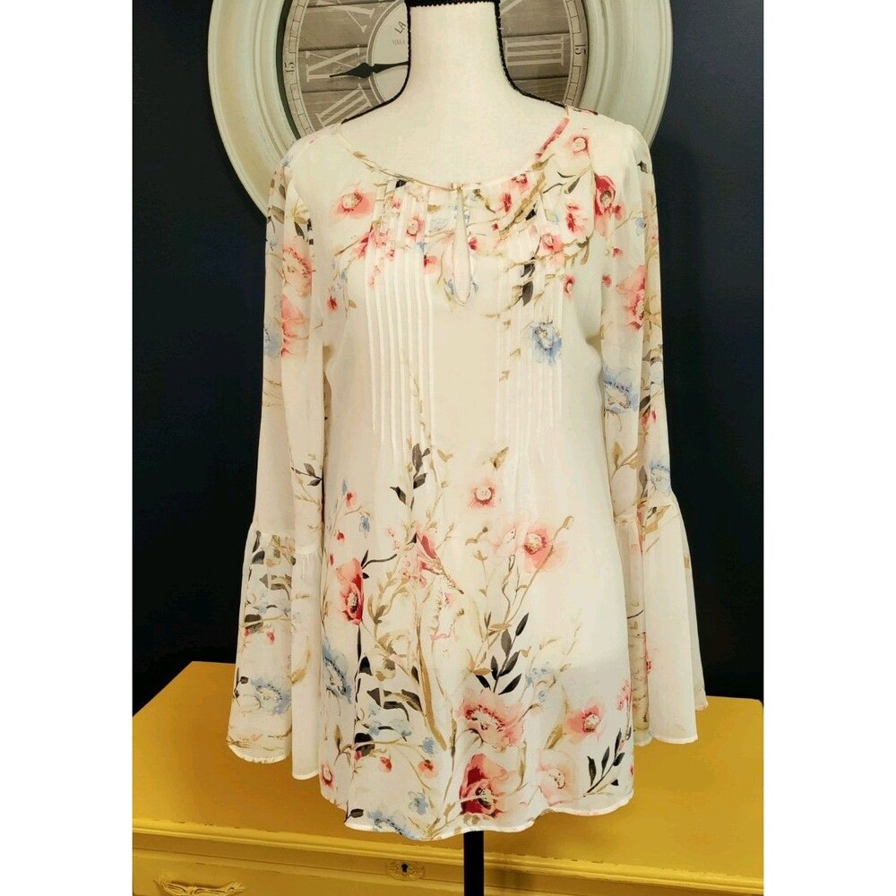 Sheer Boho Floral Blouse Size Medium Multicolor Bell Sleeves Peasant Festival